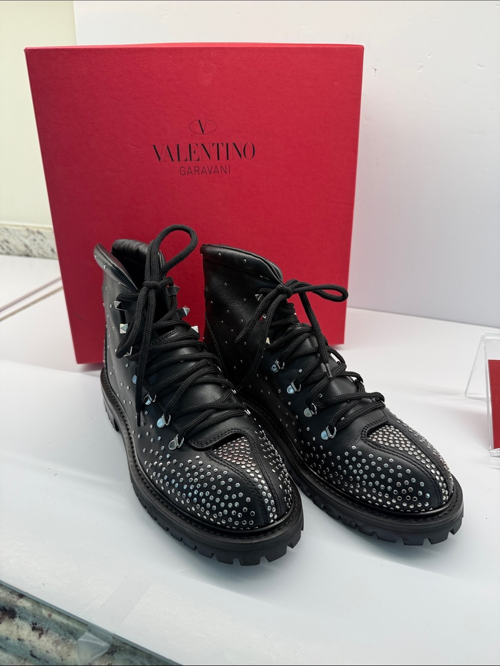 Valentino Garavani Black Stud-Embellished Lace-Up Combat Boots